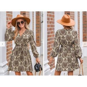 M Faux Wrap Belted Paisley Damask Mini Dress NEW Cupshe Brown Long Sleeve